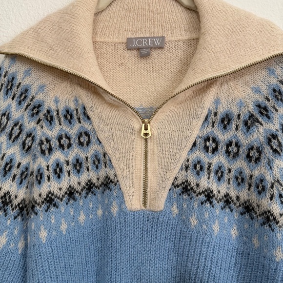 J. Crew Fair Isle Alpaca Wool Half Zip Sweater M Blue Cream Cropped Preppy - Picture 3 of 9